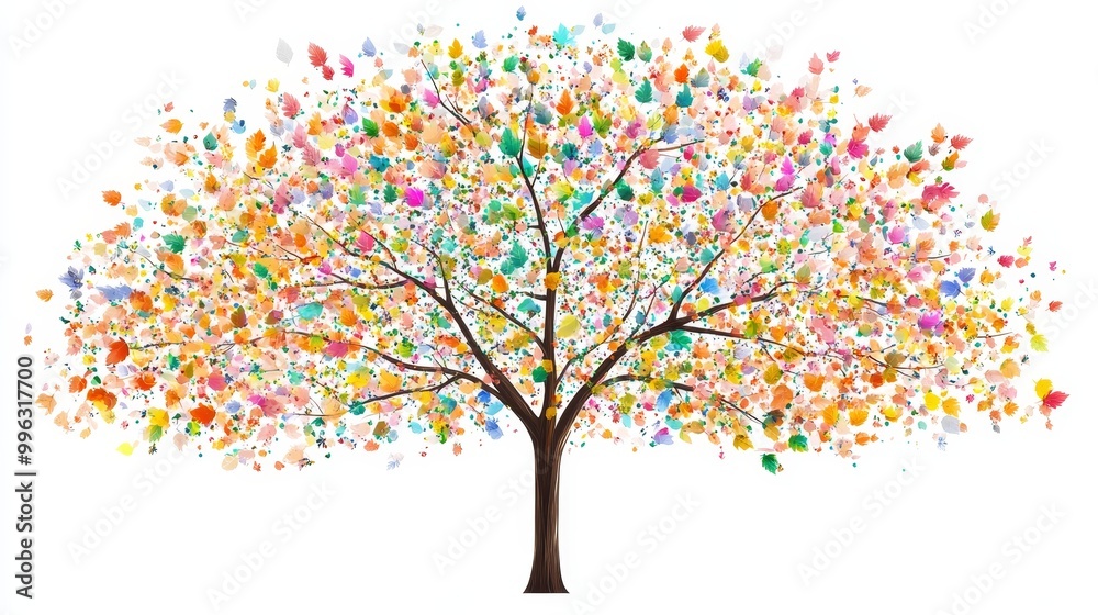 A colorful tree with leaves on hanging branches illustration background, 3D abstract wallpaper for interior mural wall art decor, A Floral Tree with Multicolor Leaves, Stock Illustration A colorful tree with leaves on hanging branches illustration background, 3D abstract wallpaper for interior mural wall art decor, A Floral Tree with Multicolor Leaves, Stock Illustration
