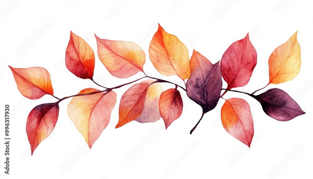 Fototapeta premium Watercolor leaves in fall colors, warm earthy tones, flat design illustration