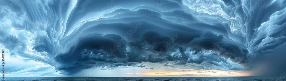 A stormy sky with a large cloud that is almost touching the ocean A stormy sky with a large cloud that is almost touching the ocean
