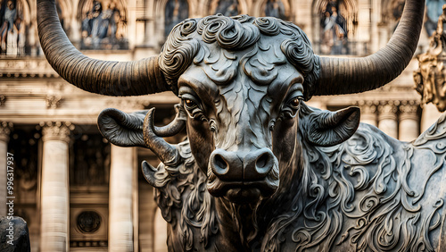 Close up photo of a copper bull at the entrance of the stock exchange, representative of bull markets, China Stock Exchange, financial background image