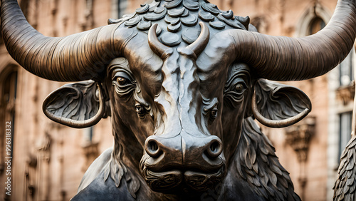 Close up photo of a copper bull at the entrance of the stock exchange, representative of bull markets, China Stock Exchange, financial background image photo