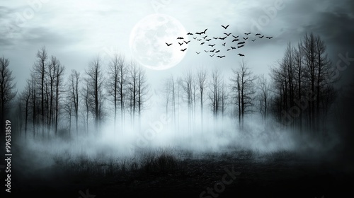 An eerie and horror-themed abstract landscape featuring black trees under a foggy sky, with birds flying across a full moon. The scene evokes a chilling and mysterious atmosphere, with crows soaring o photo