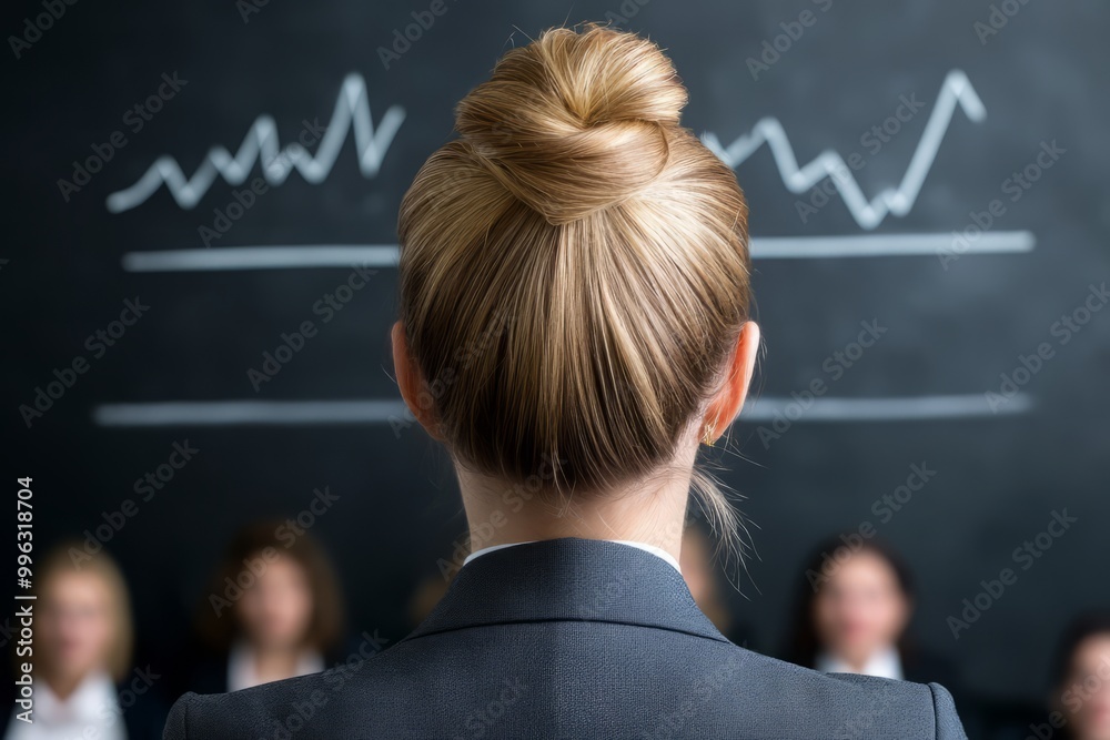 A businesswoman presenting insights in front of a graph during a meeting, showcasing leadership and professionalism.