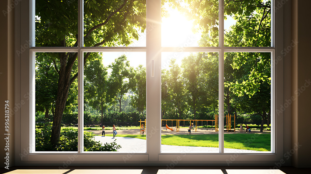 Naklejka premium Bright sunlight filtering through a large window, showcasing vibrant greenery and a playground outside, creating a serene indoor atmosphere with natural light.