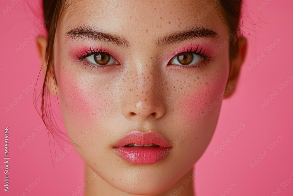Close-up Portrait of a Woman with Pink Makeup and Freckles Close-up Portrait of a Woman with Pink Makeup and Freckles