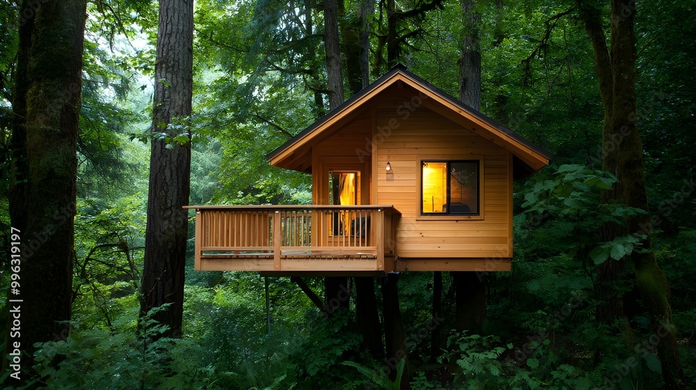 A cozy treehouse nestled among lush green trees, illuminated by warm light, offering a serene escape into nature.