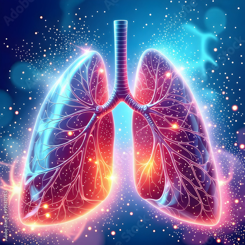 A set of glowing, transparent lungs filled with air-like particles, symbolizing fresh air and respiratory health.
