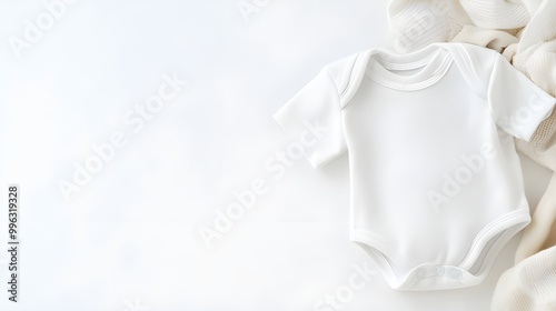 Wallpaper Mural A simple white onesie for infants, placed on a soft fabric background, ideal for newborn fashion or baby gift ideas. Torontodigital.ca