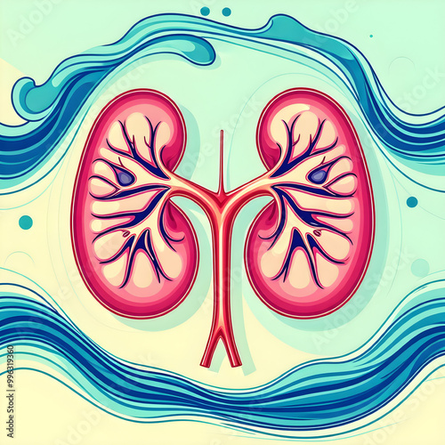 A pair of kidneys outlined by soft blue and green waves, conveying kidney function and detoxification.