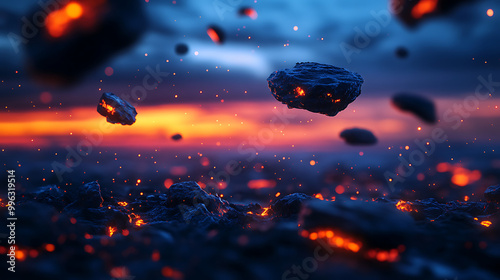 Dramatic landscape featuring floating rocks against a vibrant sunset sky, with glowing embers creating a mystical atmosphere.