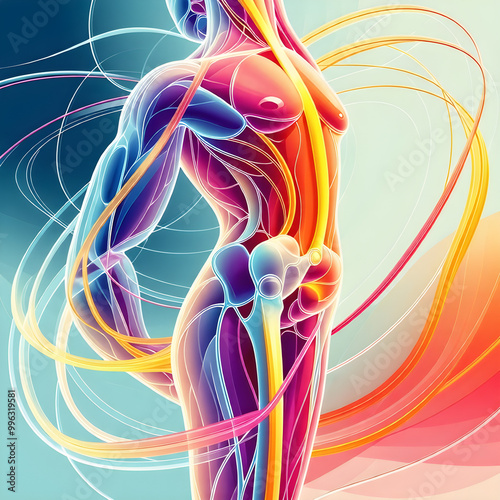 A stylized illustration of joints with fluid motion lines, symbolizing mobility, flexibility, and joint health.