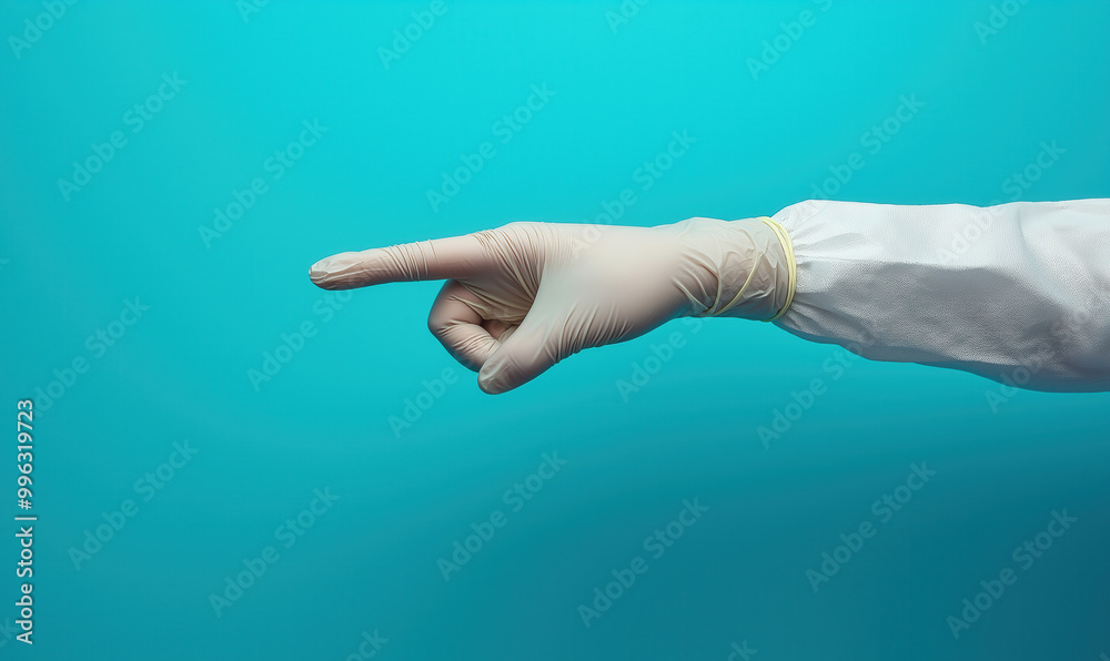 Hand in a white latex glove on a blue background. Hand in a white latex glove on a blue background.
