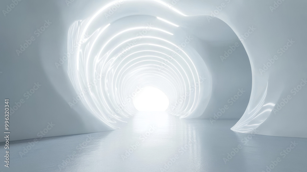 A white futuristic tunnel leading to a bright light, captured from a wide-angle perspective. The modern, abstract 3D rendered background creates a sense of depth and movement, with smooth, flowing cur A white futuristic tunnel leading to a bright light, captured from a wide-angle perspective. The modern, abstract 3D rendered background creates a sense of depth and movement, with smooth, flowing cur