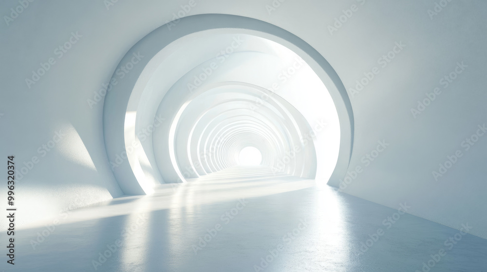 A white futuristic tunnel leading to a bright light, captured from a wide-angle perspective. The modern, abstract 3D rendered background creates a sense of depth and movement, with smooth, flowing cur A white futuristic tunnel leading to a bright light, captured from a wide-angle perspective. The modern, abstract 3D rendered background creates a sense of depth and movement, with smooth, flowing cur