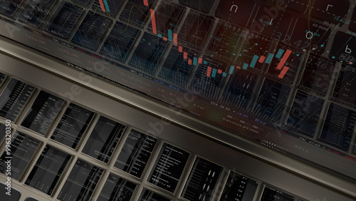 Investment stock market black candlsteek on the screen laptop keyboard Trading platform screen HUD. Stock chart, candles, index data pattern.
