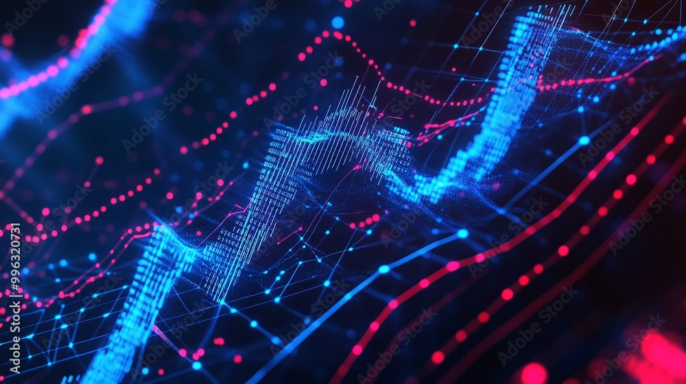Abstract data visualization with vibrant blue and red lines on a dark background. Abstract data visualization with vibrant blue and red lines on a dark background.