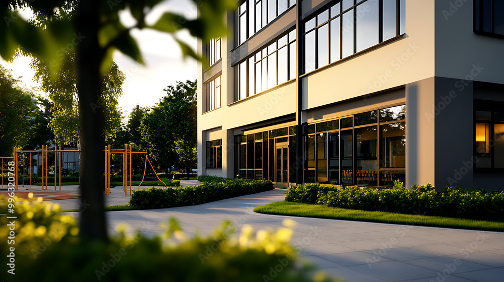 Obraz premium Modern building exterior with large glass windows, surrounded by greenery, and a children's playground nearby, capturing a vibrant and inviting atmosphere.
