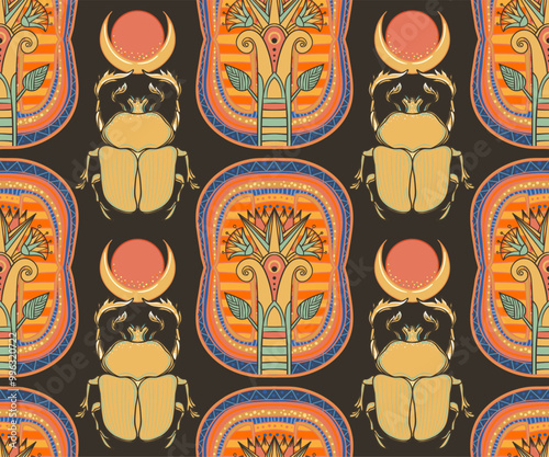 Ancient Egypt. Vintage seamless pattern with Egyptian gods and symbols. Retro hand drawn vector repeating illustration. Ra, Isis, Anubis, Sekhtmet, Cleopatra, pyramid.