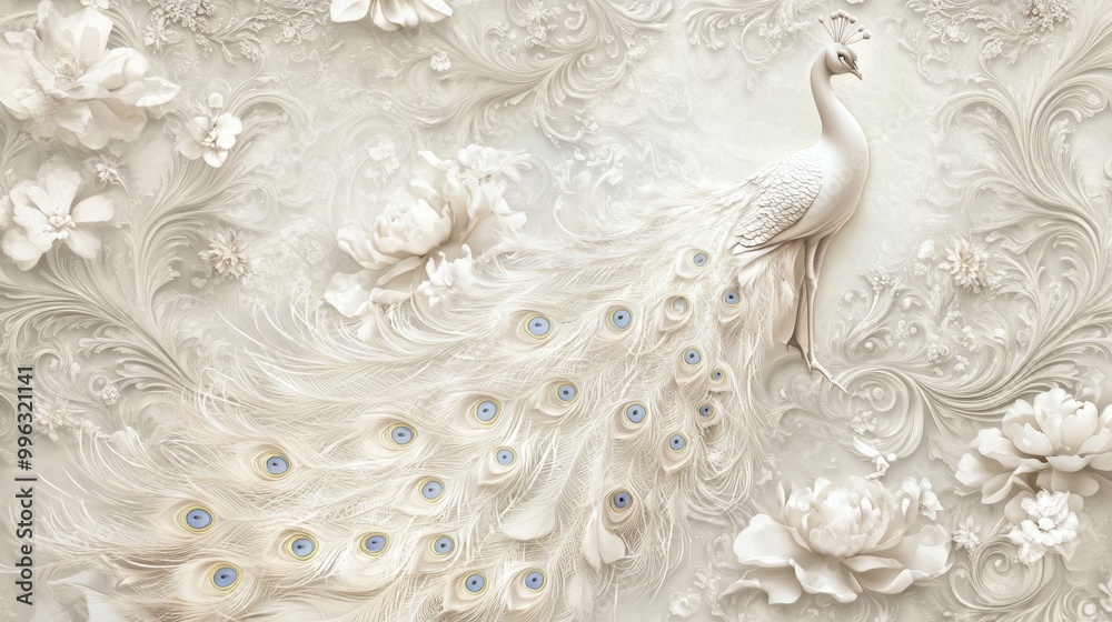 Obraz premium An elegant wallpaper made from generative stock that features a peacock and roses on a branch of white carved relief art sculpture