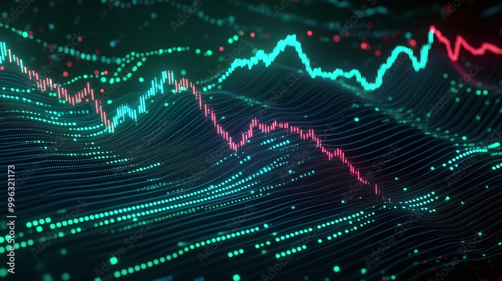 Abstract data visualization with vibrant lines and dots reflecting trends in technology and finance. Abstract data visualization with vibrant lines and dots reflecting trends in technology and finance.