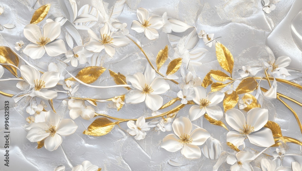 Decorative wall art of a white floral tree, with colorful leaves and background. Stock image. Decorative wall art of a white floral tree, with colorful leaves and background. Stock image.