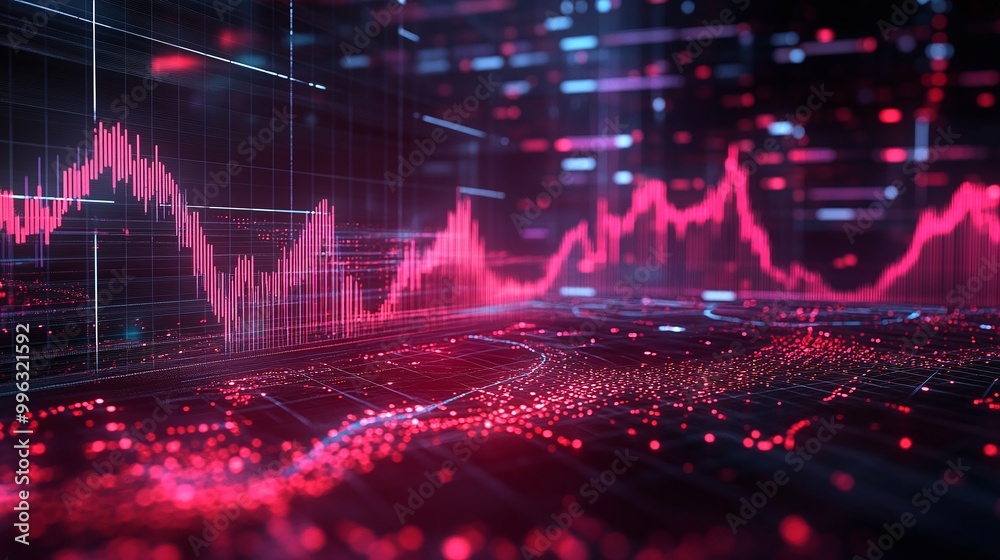 Abstract data visualization with vibrant pink lines depicting fluctuating graphs against a dark background. Abstract data visualization with vibrant pink lines depicting fluctuating graphs against a dark background.