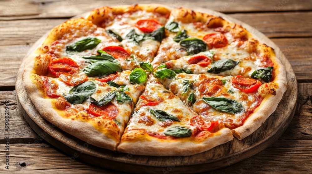 A delicious, freshly baked pizza with a golden crust, topped with vibrant vegetables and melted cheese, placed on a rustic wooden table, inviting viewers to indulge in a slice. A delicious, freshly baked pizza with a golden crust, topped with vibrant vegetables and melted cheese, placed on a rustic wooden table, inviting viewers to indulge in a slice.