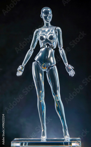 A silver robot woman is walking on a stage. The robot is wearing a silver dress. The stage is dark