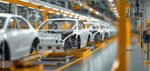 A modern automotive factory showcasing car assembly lines with white vehicle frames on production equipment under bright lights.