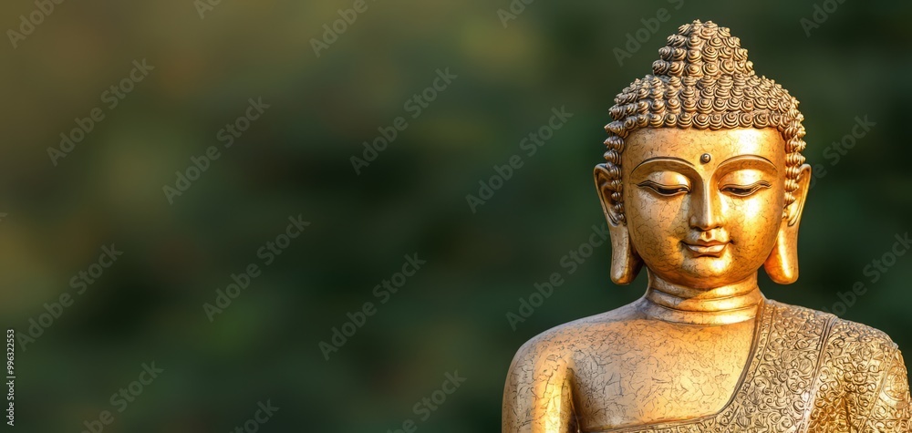 custom made wallpaper toronto digitalA serene golden Buddha statue symbolizing tranquility and spiritual enlightenment, set against a soft natural background.