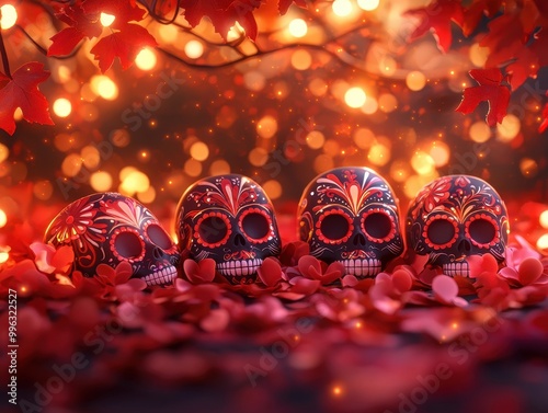 Colorful decorative skulls with floral patterns on a background of petals and lights