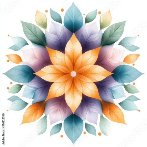 Colorful floral pattern with leaves on white isolated background