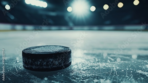 A close-up of a hockey puck and stick on a scratched ice rink surface, with blurred stadium lights and spectators in the background, capturing the intensity before a game. photo