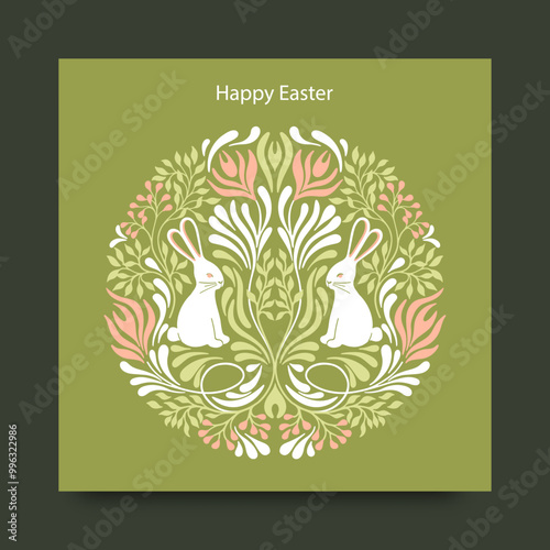 Easter postcard. Happy Easter floral greeting card with bunny. Vector.