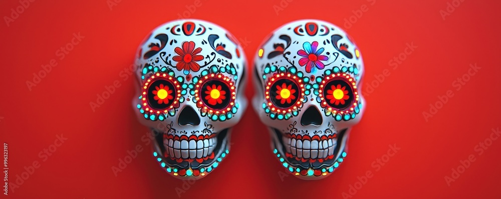 Colorful sugar skulls on vibrant red background, symbolizing Dia de los Muertos. Colorful sugar skulls on vibrant red background, symbolizing Dia de los Muertos.