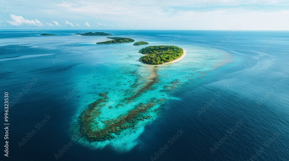 Obraz premium Aerial view of a vast ocean with small islands scattered, showcasing turquoise waters and coral reefs.