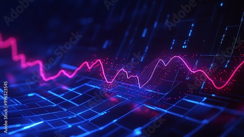 Abstract digital background showcasing data visualization with vibrant pink and blue line graphs representing trends.