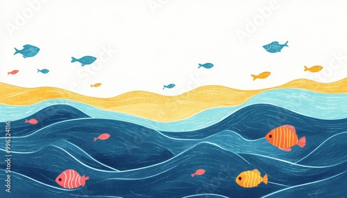 Simple crayon doodles of ocean waves and fish, beach theme, flat design illustration