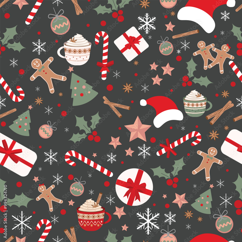 New Year 2025 and Christmas Creative Decorations Vector Seamless Pattern on Grey. Stunning Christmas Elements Texture Wallpaper, Gift wrapping paper, Banner Poster Layout or card template design. New Year 2025 and Christmas Creative Decorations Vector Seamless Pattern on Grey. Stunning Christmas Elements Texture Wallpaper, Gift wrapping paper, Banner Poster Layout or card template design.