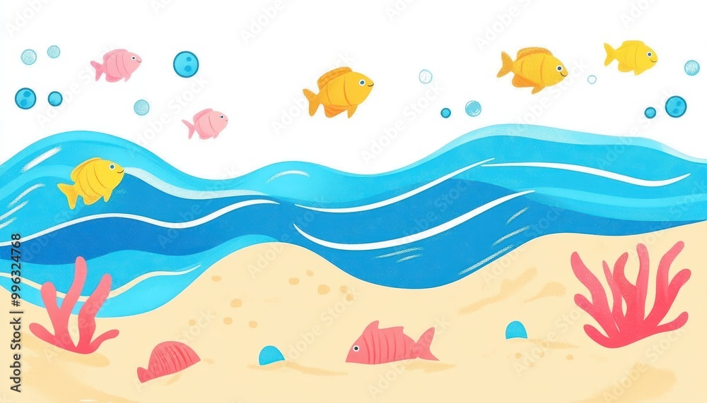 Simple crayon doodles of ocean waves and fish, beach theme, flat design illustration Simple crayon doodles of ocean waves and fish, beach theme, flat design illustration