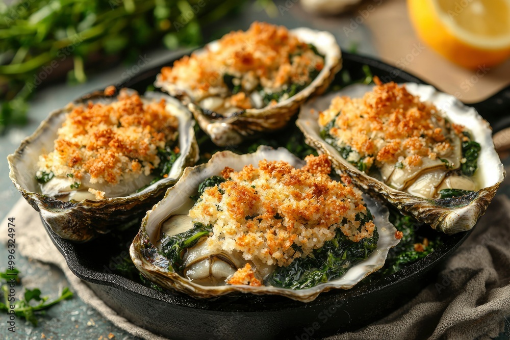 Baked Oysters with Spinach and Breadcrumbs in a Cast Iron Skillet Baked Oysters with Spinach and Breadcrumbs in a Cast Iron Skillet