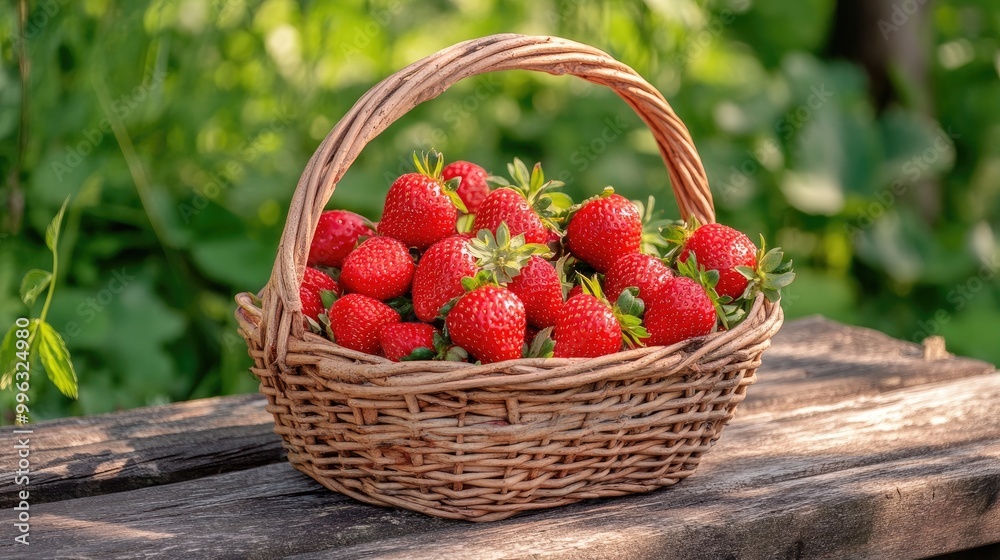 A basket full of vibrant red strawberries resting on a wooden table, evoking the essence of a fruitful harvest.