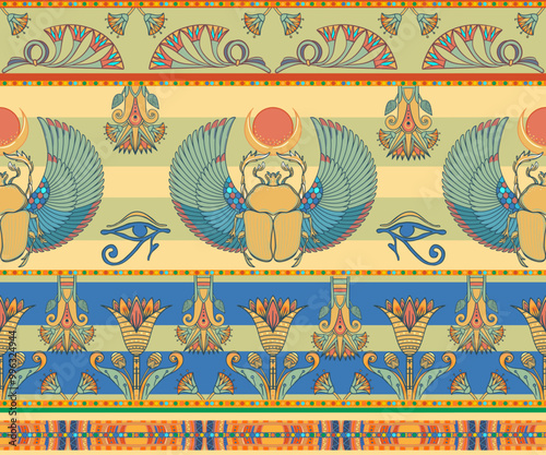 Ancient Egypt. Vintage seamless pattern with Egyptian gods and symbols. Retro hand drawn vector repeating illustration. Ra, Isis, Anubis, Sekhtmet, Cleopatra, pyramid.