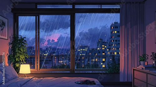 relaxing lofi with bedroom rain on the window seamless loop animation created with generative ai
