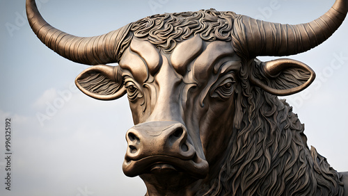 Close up photo of a copper bull at the entrance of the stock exchange, representative of bull markets, China Stock Exchange, financial background image