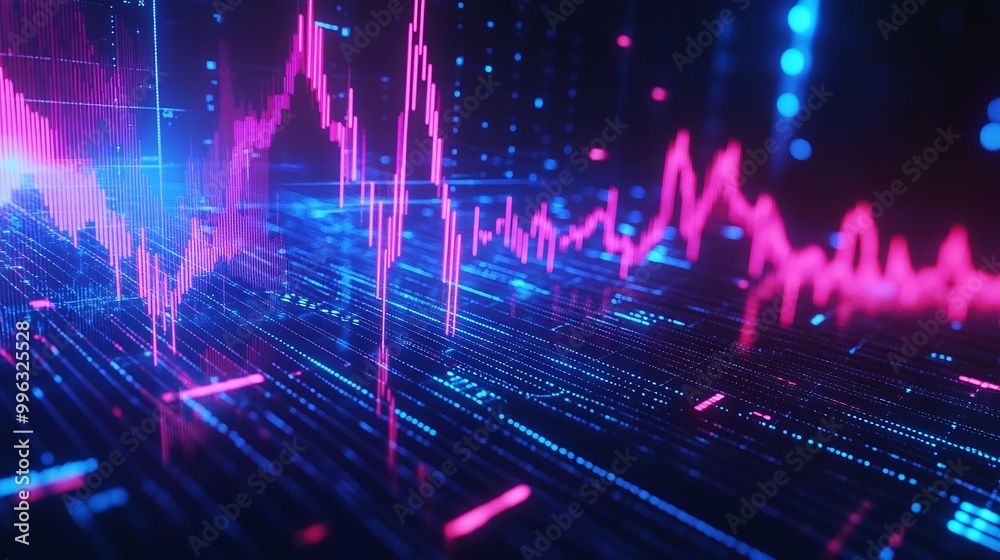 Abstract digital background with vibrant data visualizations in blue and pink colors, illustrating modern technology. Abstract digital background with vibrant data visualizations in blue and pink colors, illustrating modern technology.