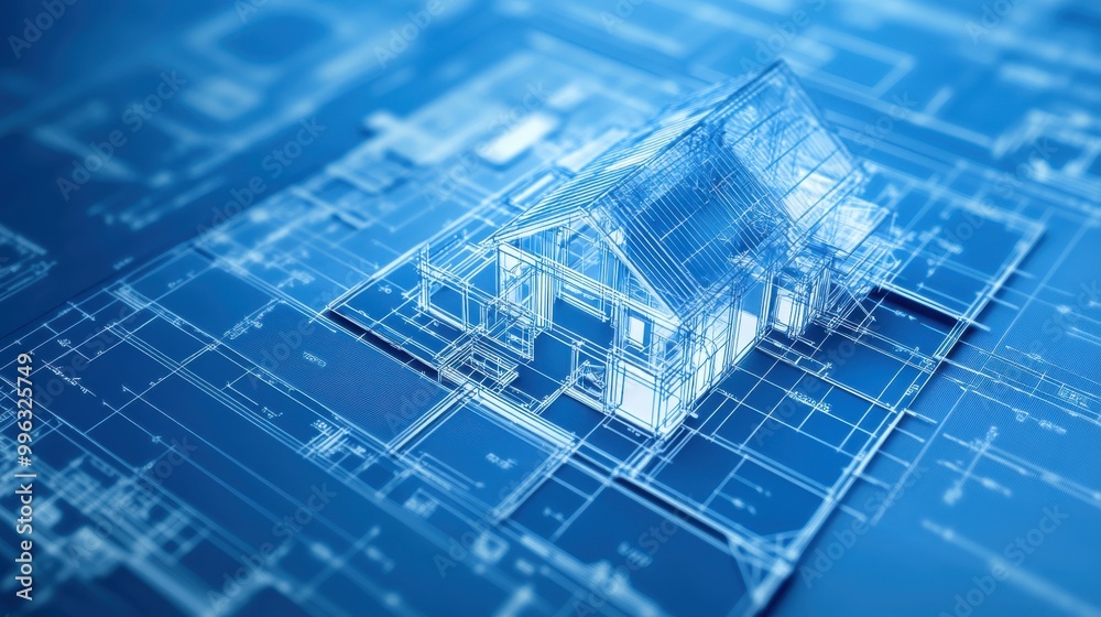 Realistic photo of a blueprint drawing, zoomed in on intricate design details, such as floor plans and structural components, with clean, crisp lines and annotations clearly visible