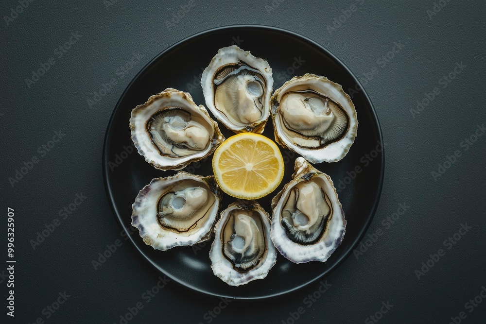 Six Oysters on a Black Plate with a Lemon Slice Six Oysters on a Black Plate with a Lemon Slice