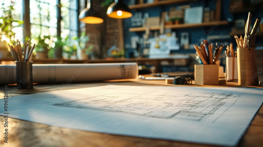 High-definition close-up of a blueprint drawing on a desk, with a focus on intricate technical details like support beams, walls, and foundation plans, providing a clear view of the architectural High-definition close-up of a blueprint drawing on a desk, with a focus on intricate technical details like support beams, walls, and foundation plans, providing a clear view of the architectural