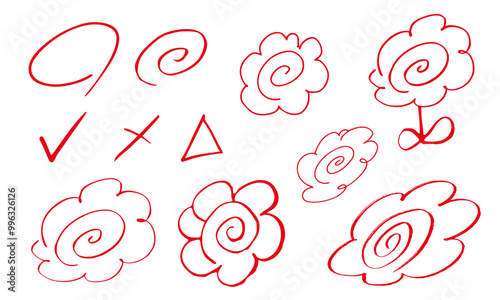 花丸　赤丸　筆文字　テスト採点　手描きセット	